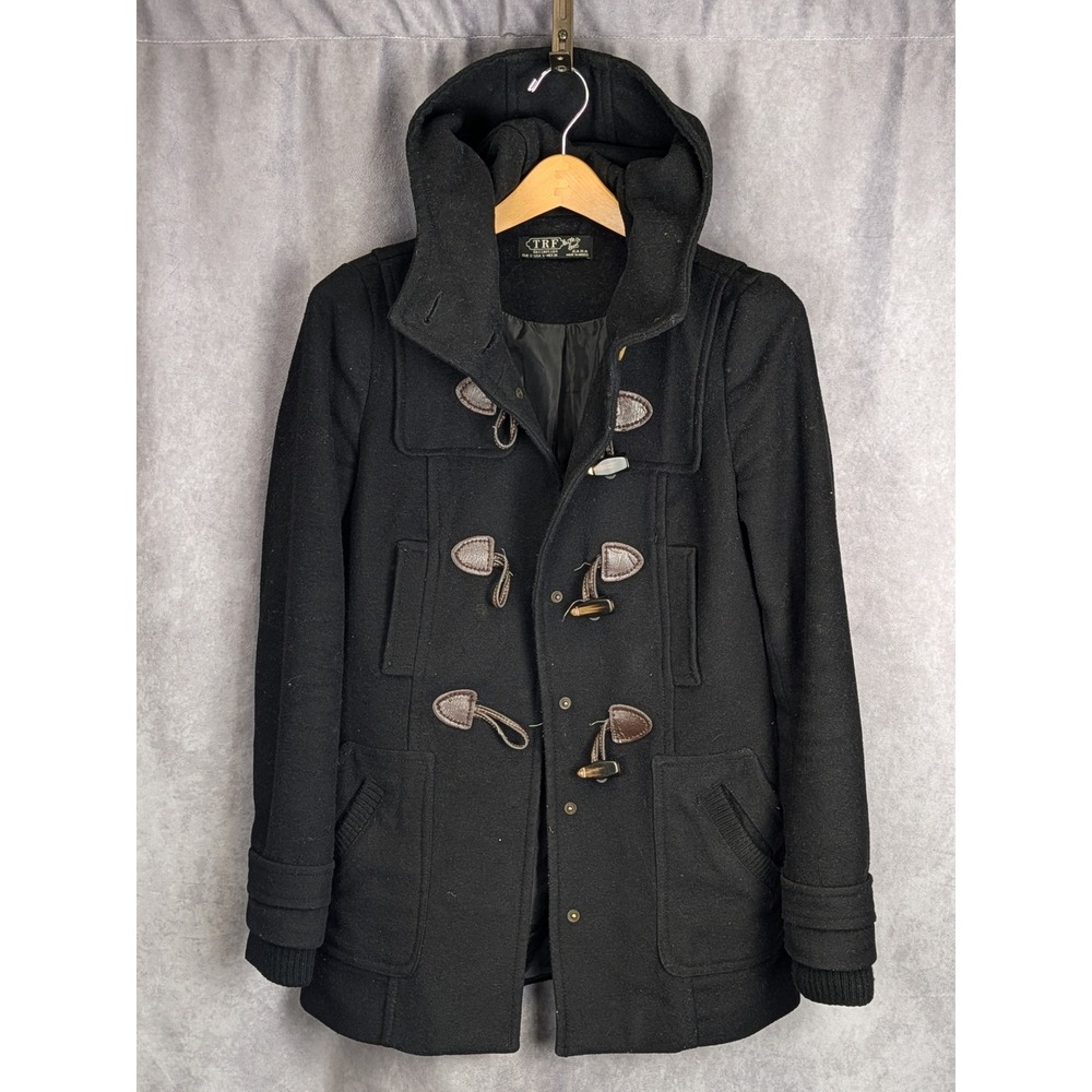 Zara‎ TRF Black Wool Blend Hooded Duffle Coat with Toggle Closures Womens Small